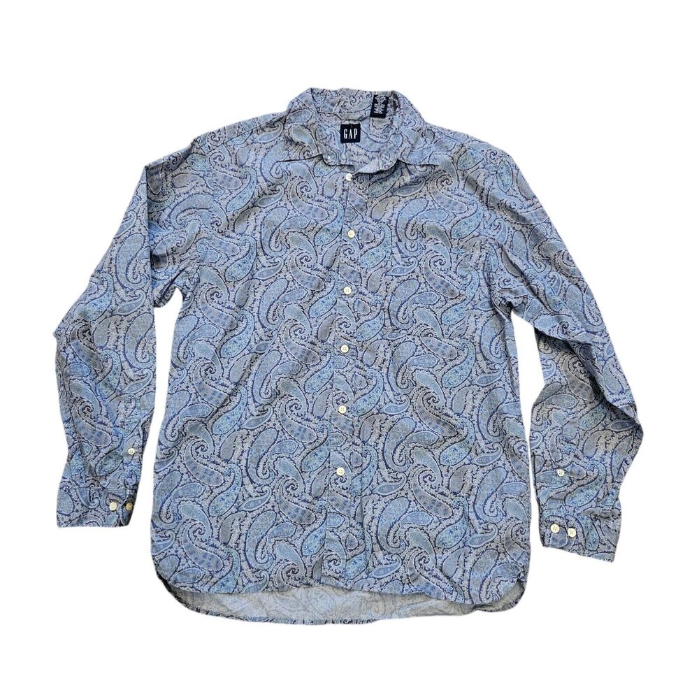 Vtg GAP Paisley Print Button Up Shirt Mens M Blue Preppy Groovy Cotton Y2K 90s